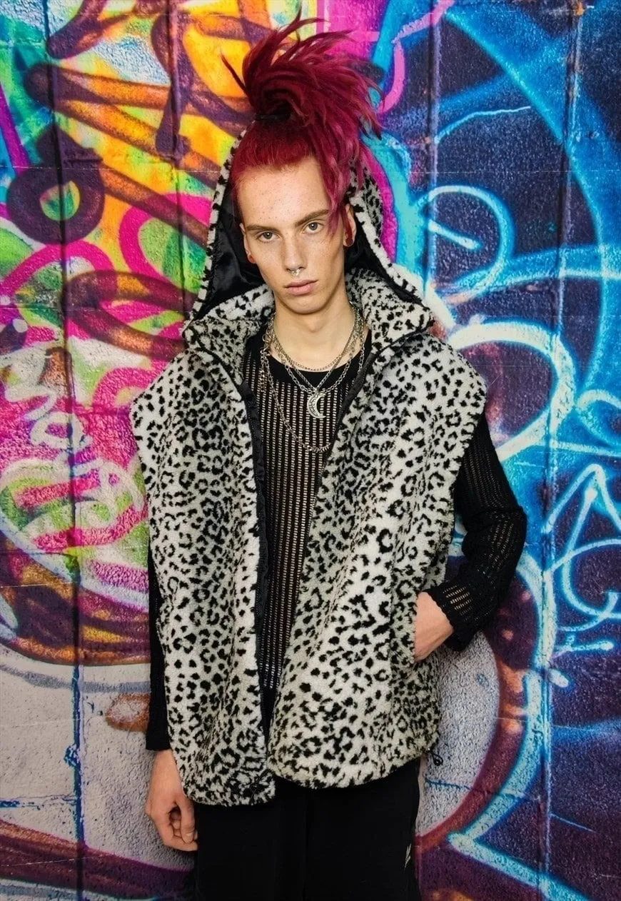 Leopard fleece hooded jacket handmade animal print bomber