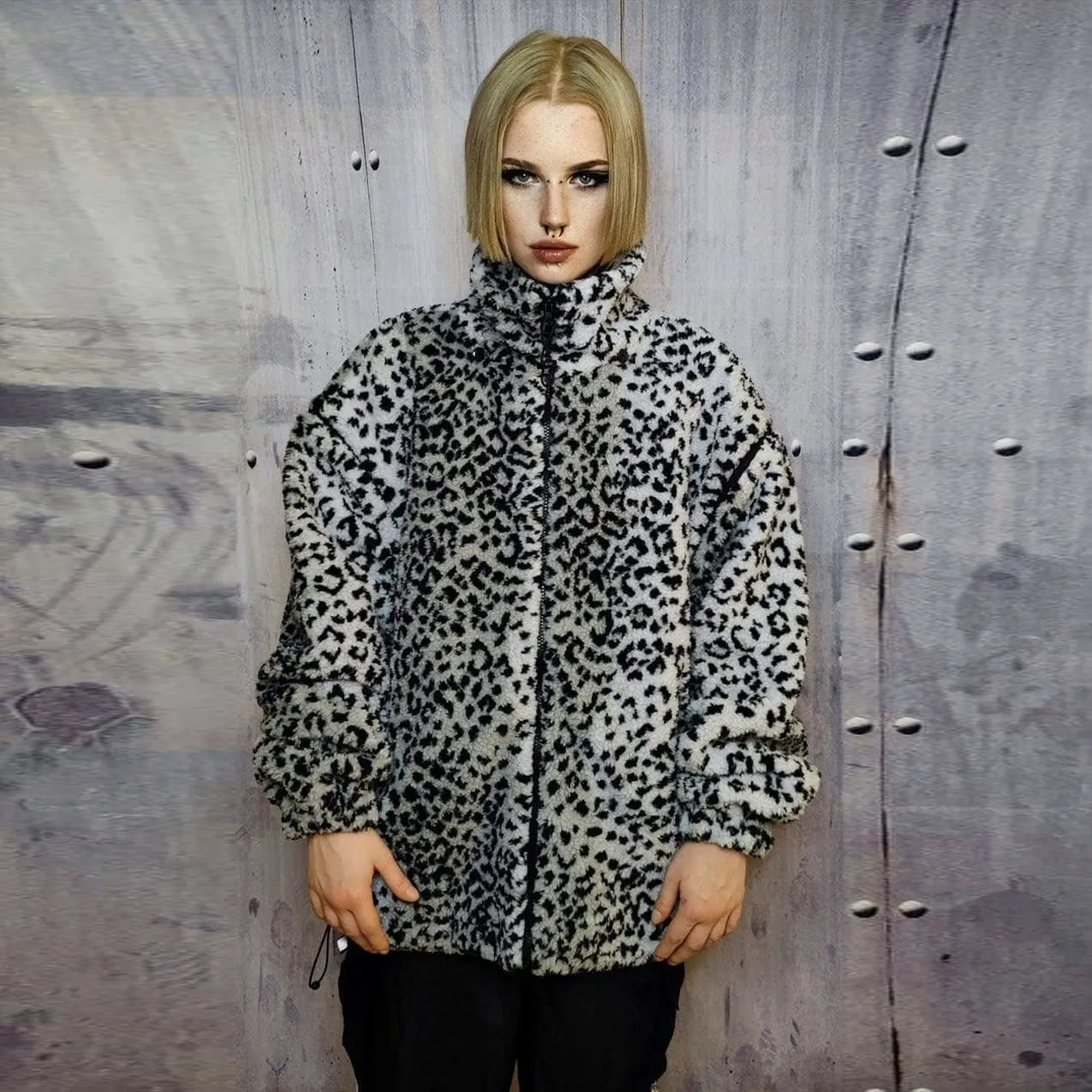 Leopard fleece hooded jacket handmade animal print bomber