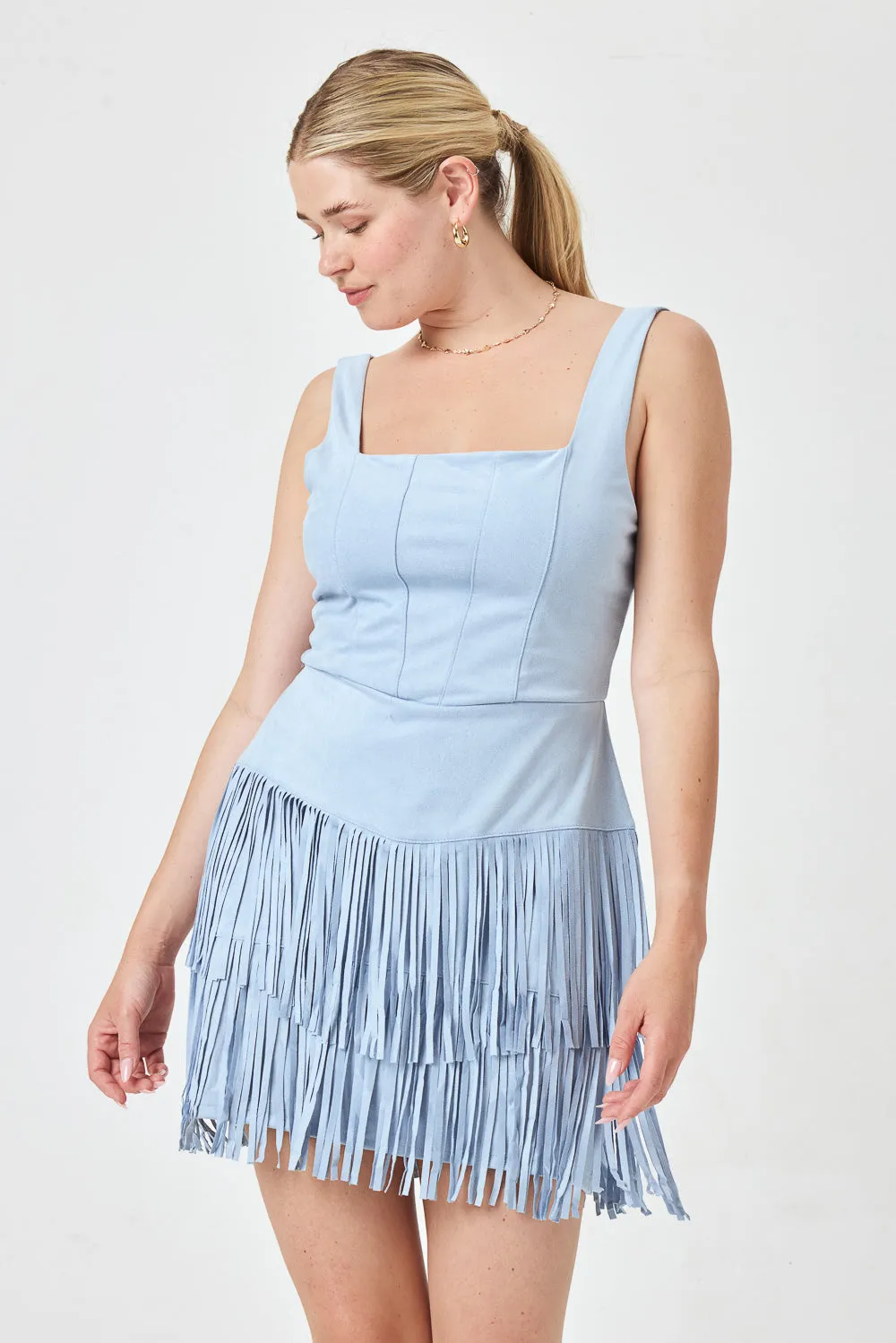 Light Blue Suede Corset Tassel Dress