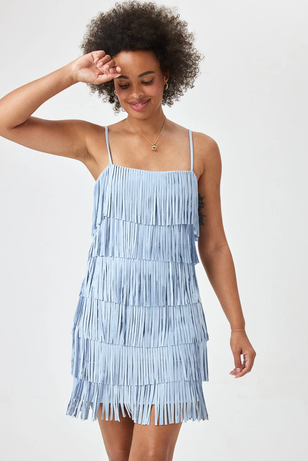 Light Blue Suede Fringe Dress