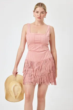 Light Pink Suede Corset Tassel Dress