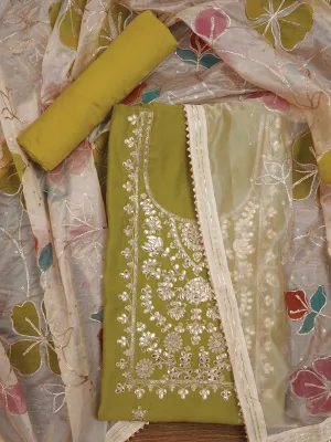 Lime Floral Printed Embroidered Pure Silk Dress Material with Dupatta