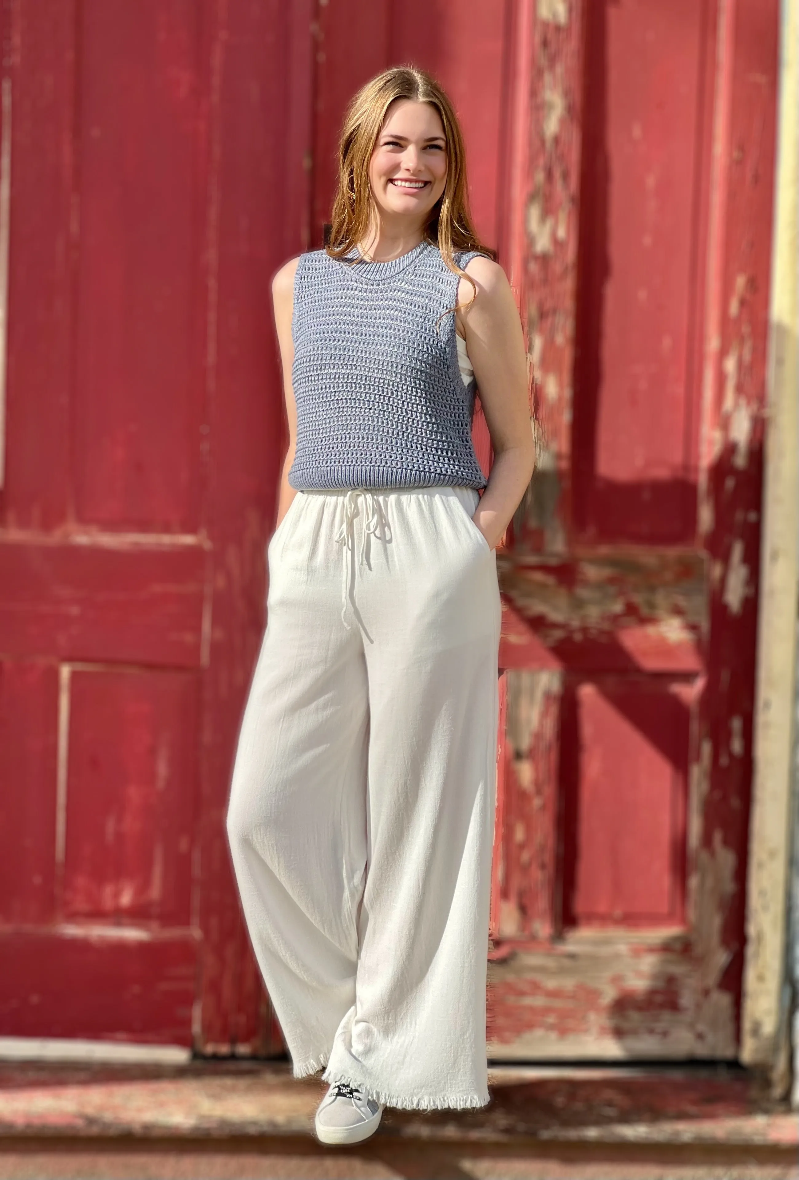 Linen Blend Frayed Hem Pull on Pants in white