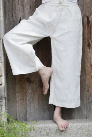 Little above ankle length wide leg white linen pants for summer J092