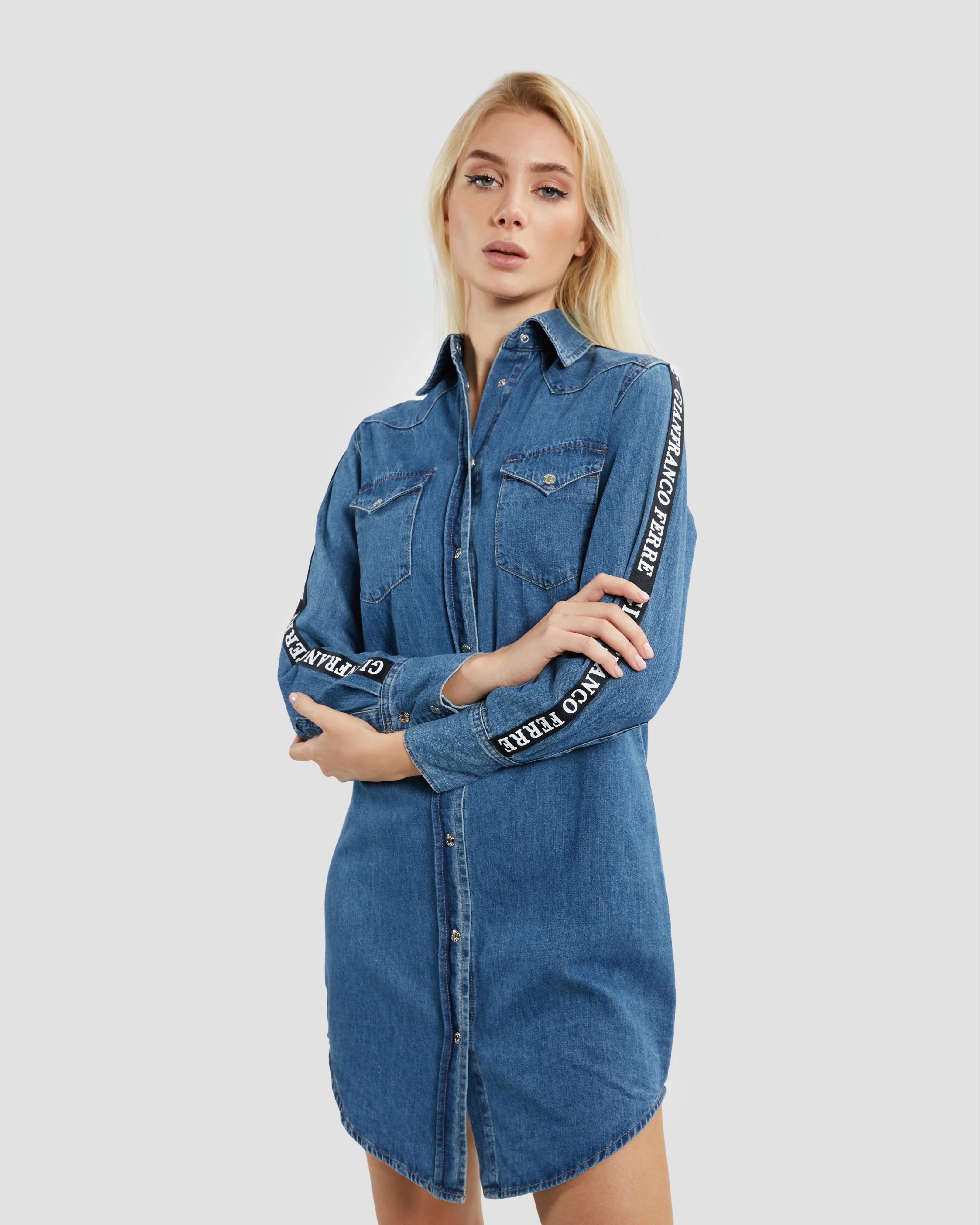 Logo Taper Denim Shirt Dress