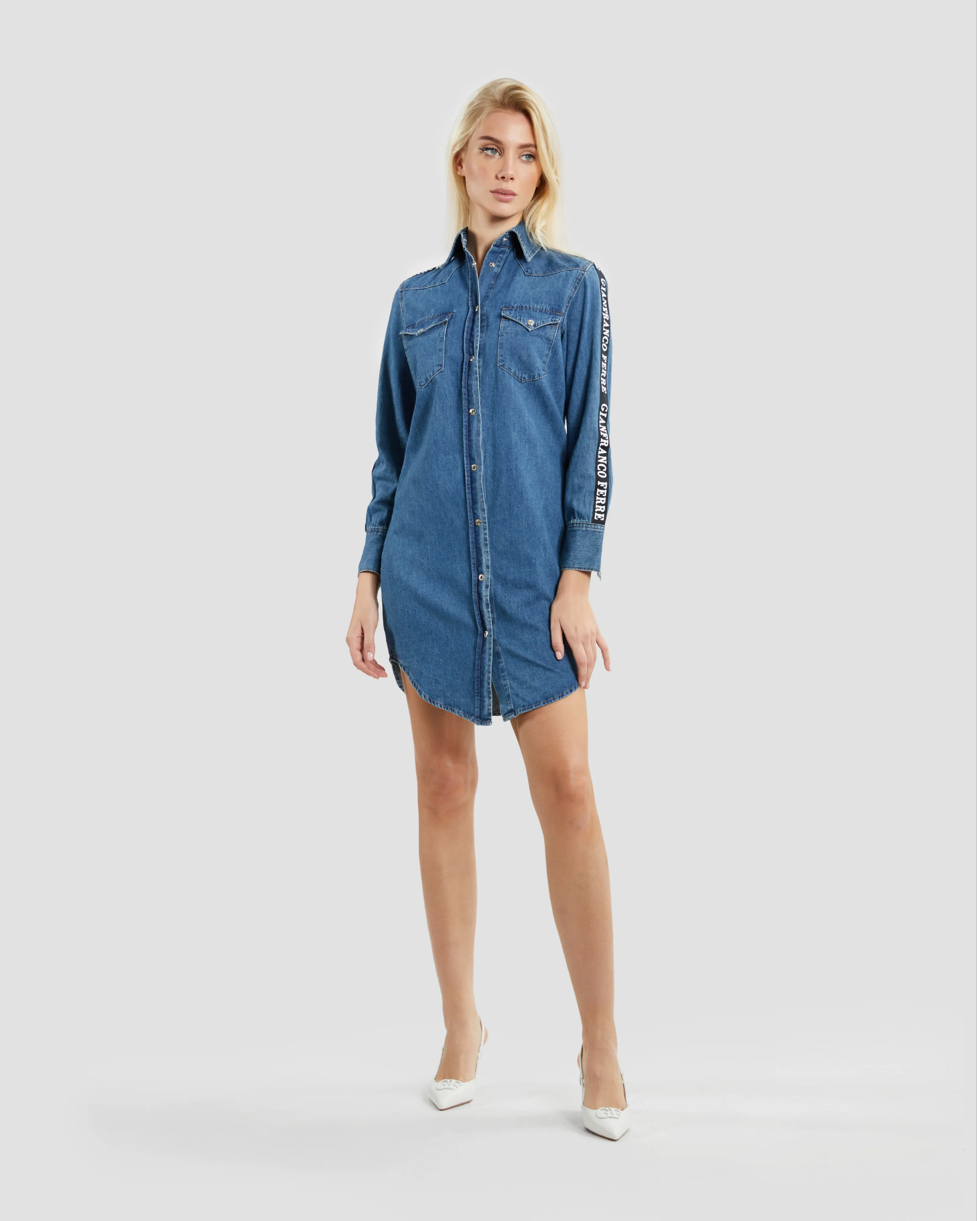 Logo Taper Denim Shirt Dress