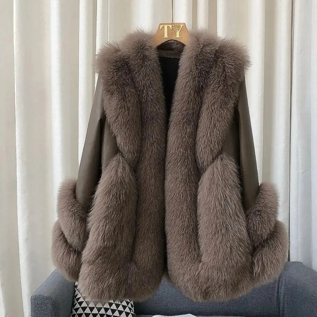 Luxury Women's Fox Fur Leather Coat