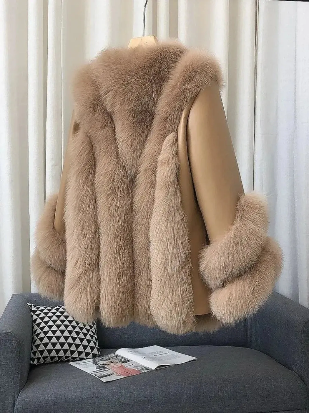 Luxury Women's Fox Fur Leather Coat