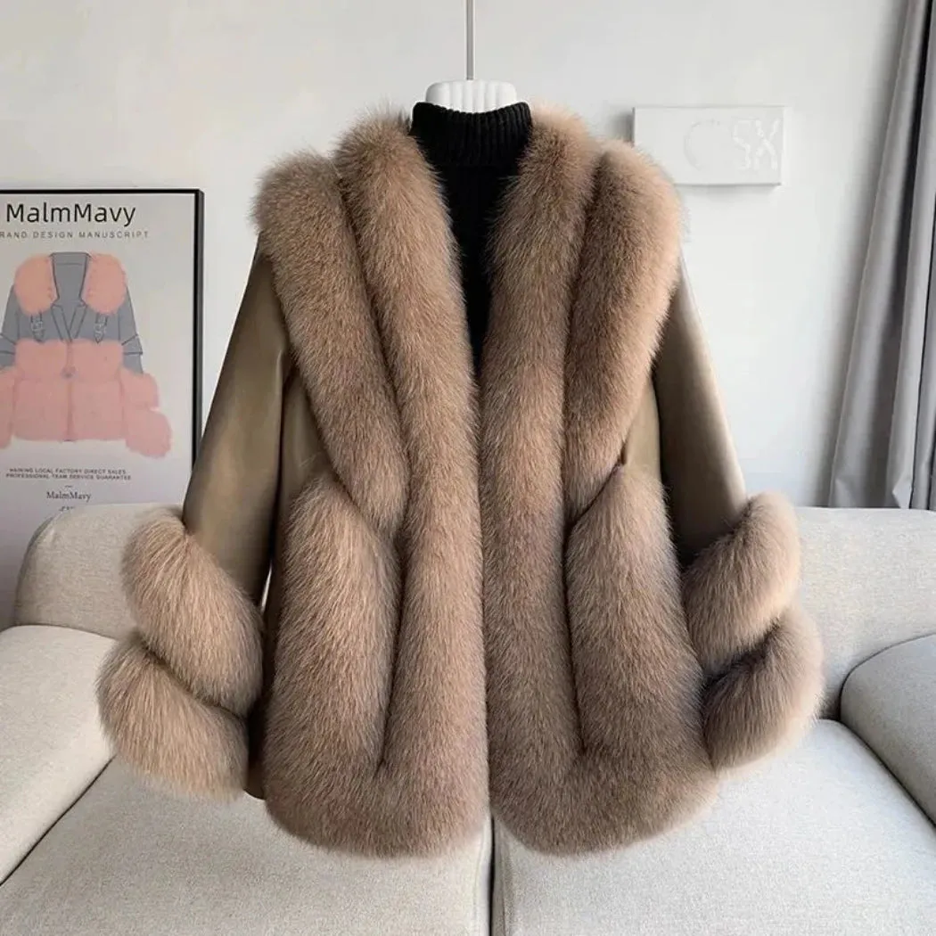 Luxury Women's Fox Fur Leather Coat