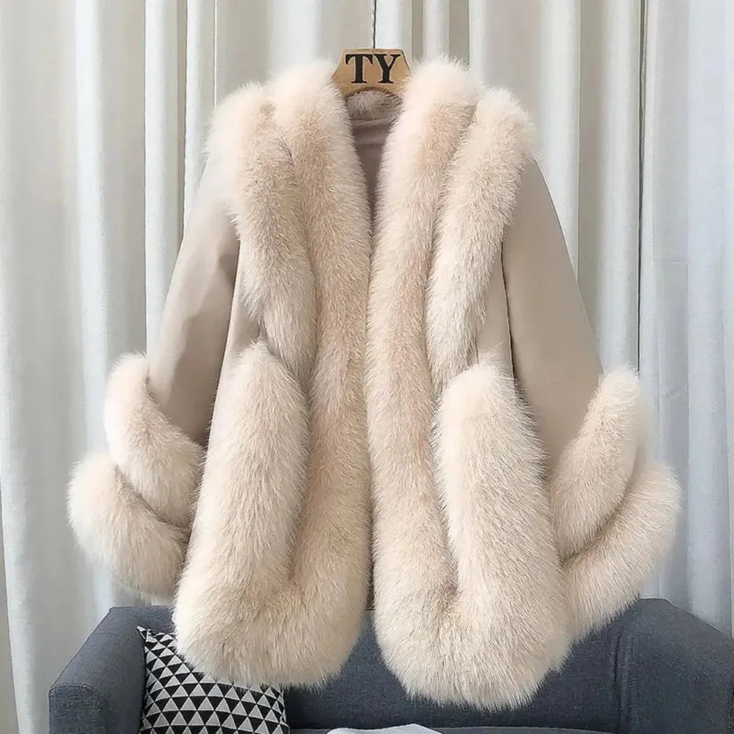 Luxury Women's Fox Fur Leather Coat