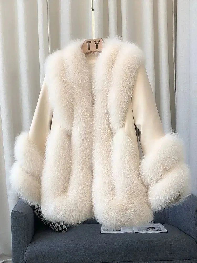 Luxury Women's Fox Fur Leather Coat