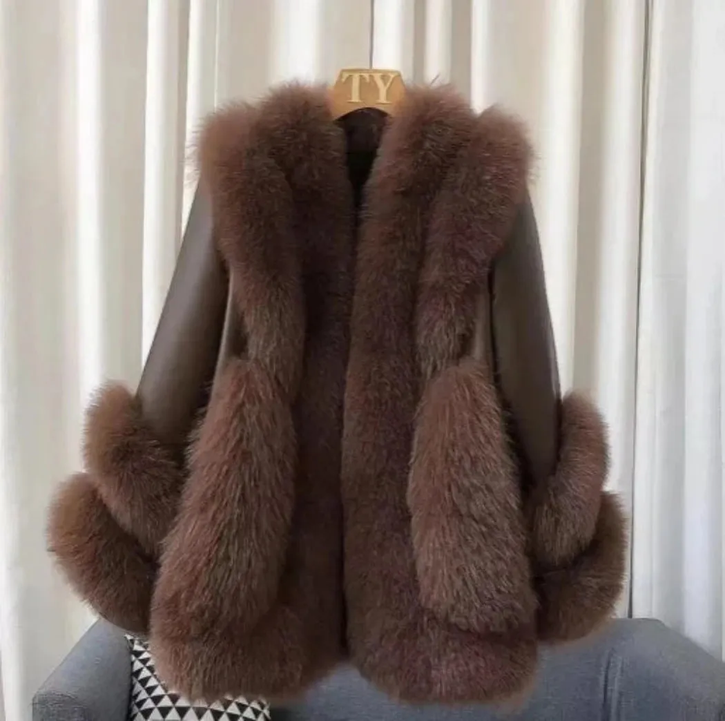 Luxury Women's Fox Fur Leather Coat