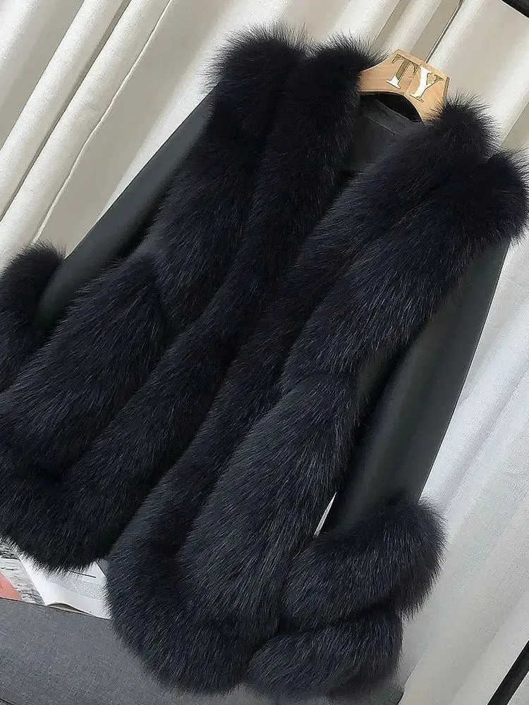 Luxury Women's Fox Fur Leather Coat