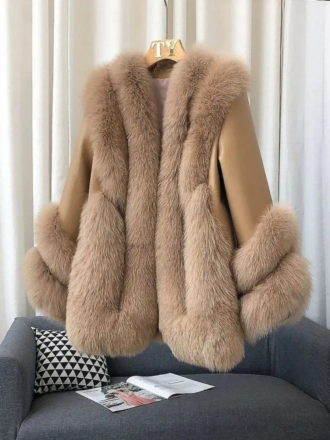 Luxury Women's Fox Fur Leather Coat