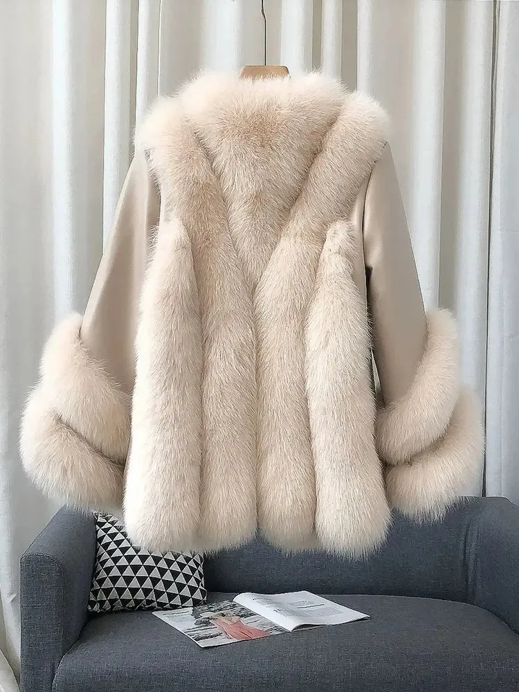 Luxury Women's Fox Fur Leather Coat