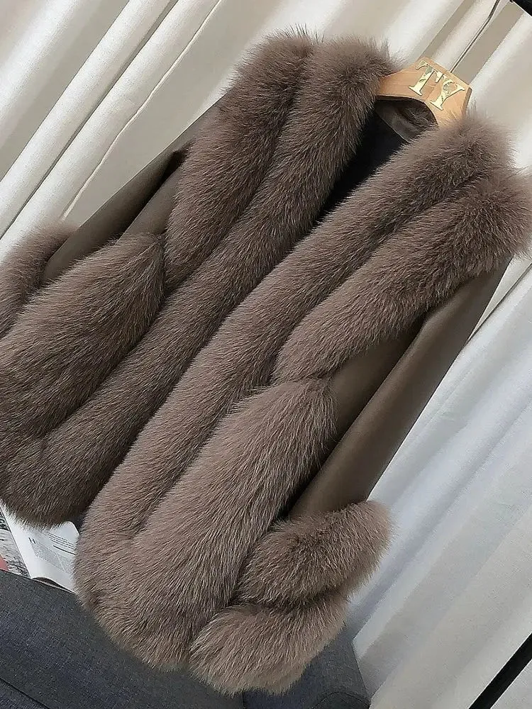 Luxury Women's Fox Fur Leather Coat