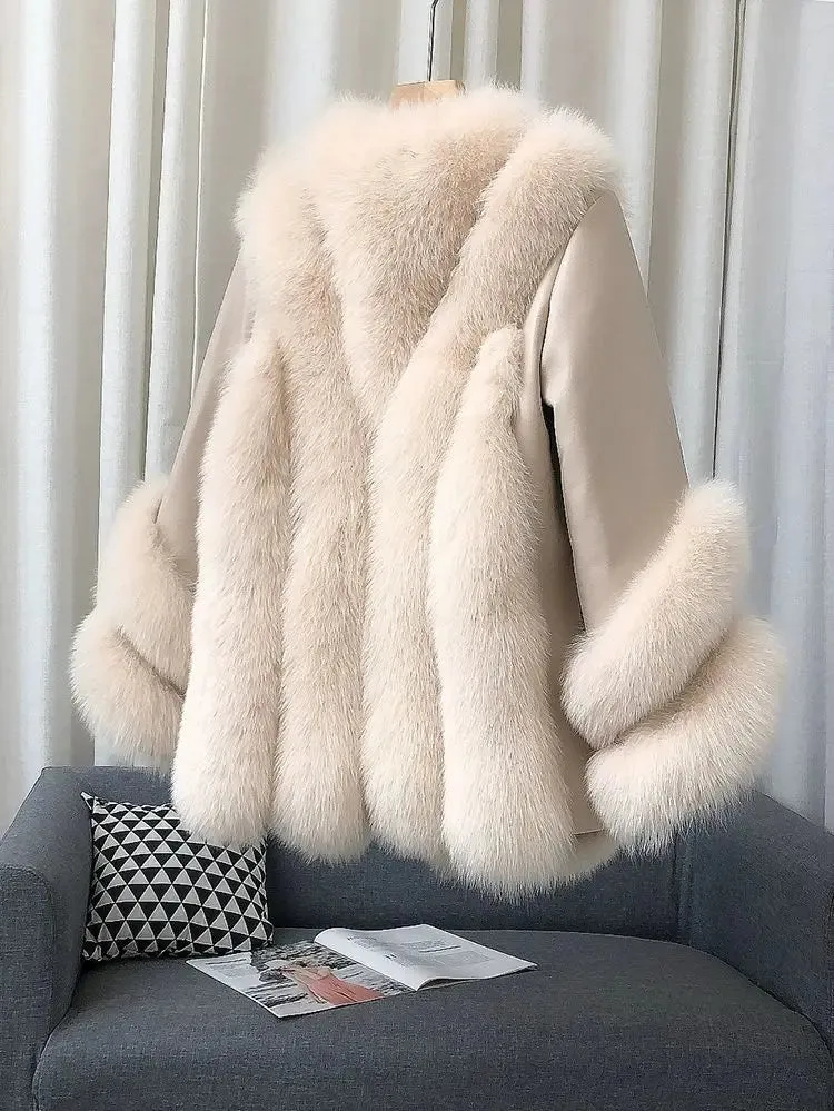 Luxury Women's Fox Fur Leather Coat