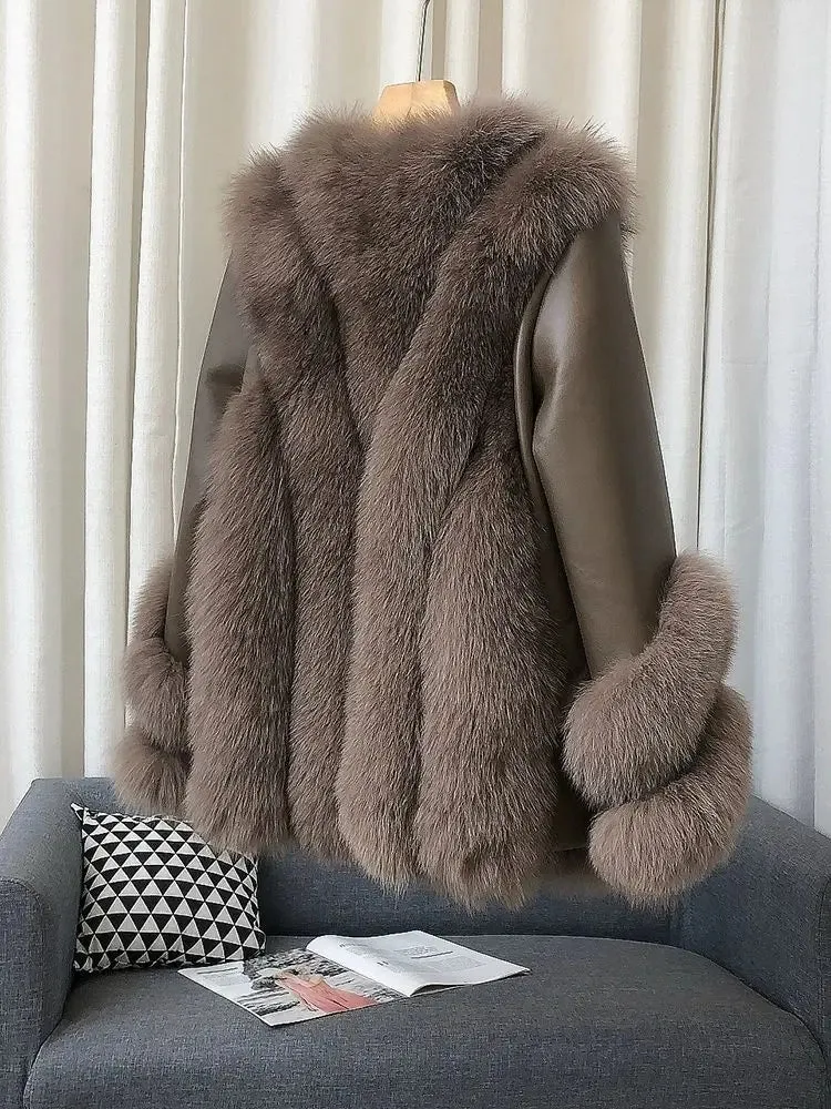 Luxury Women's Fox Fur Leather Coat