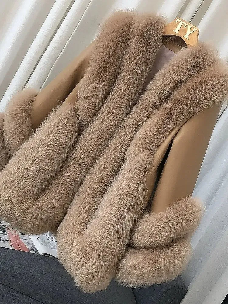 Luxury Women's Fox Fur Leather Coat