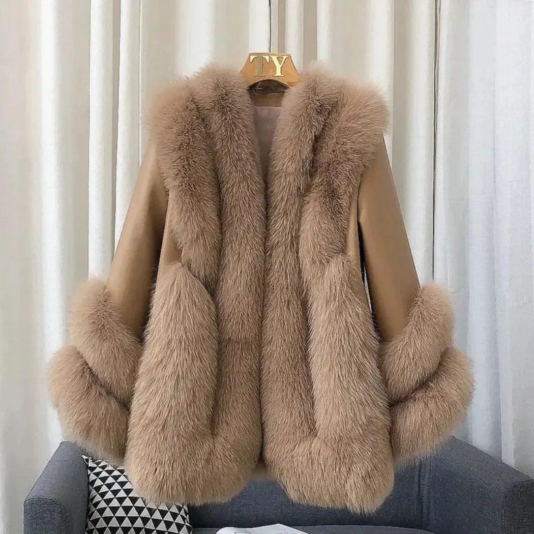 Luxury Women's Fox Fur Leather Coat