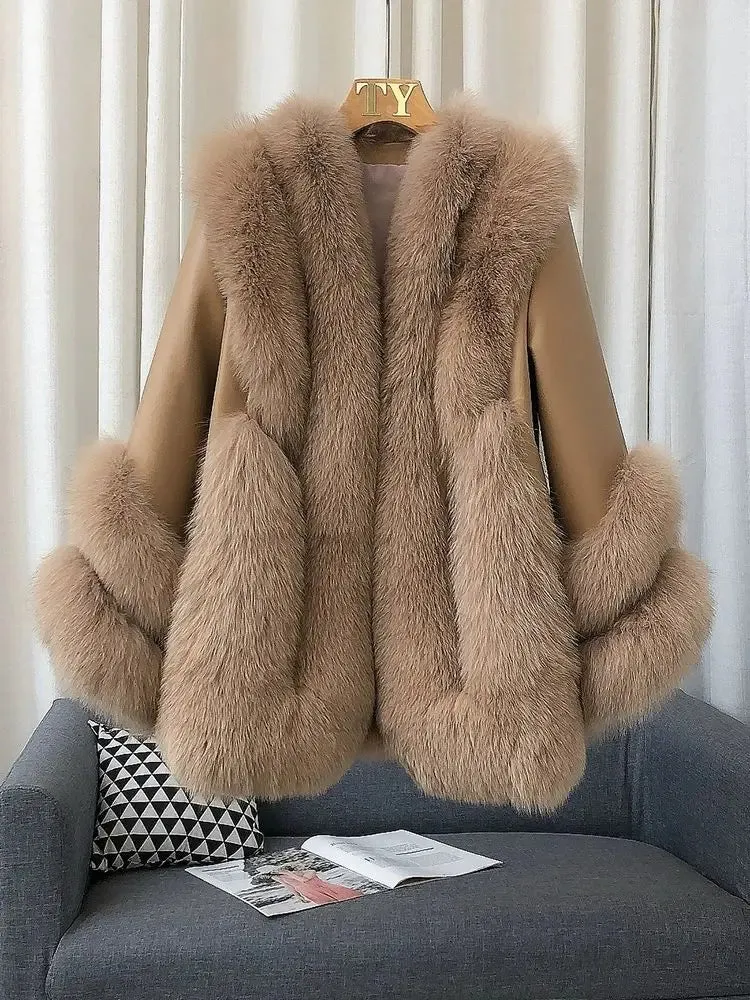 Luxury Women's Fox Fur Leather Coat