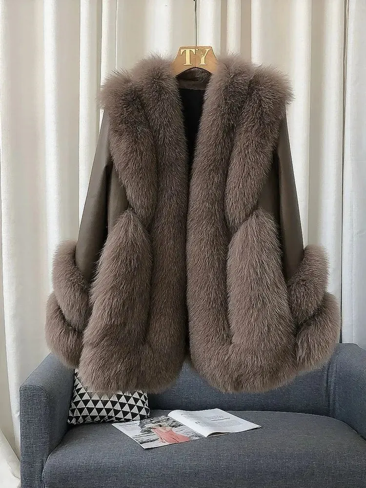 Luxury Women's Fox Fur Leather Coat