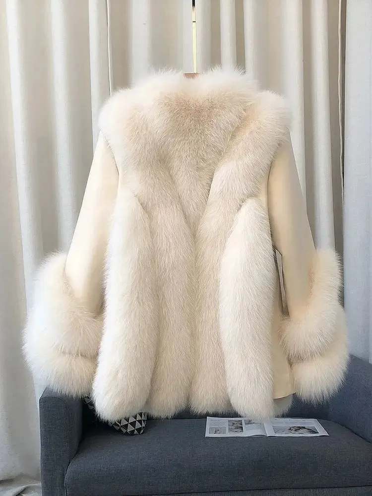 Luxury Women's Fox Fur Leather Coat