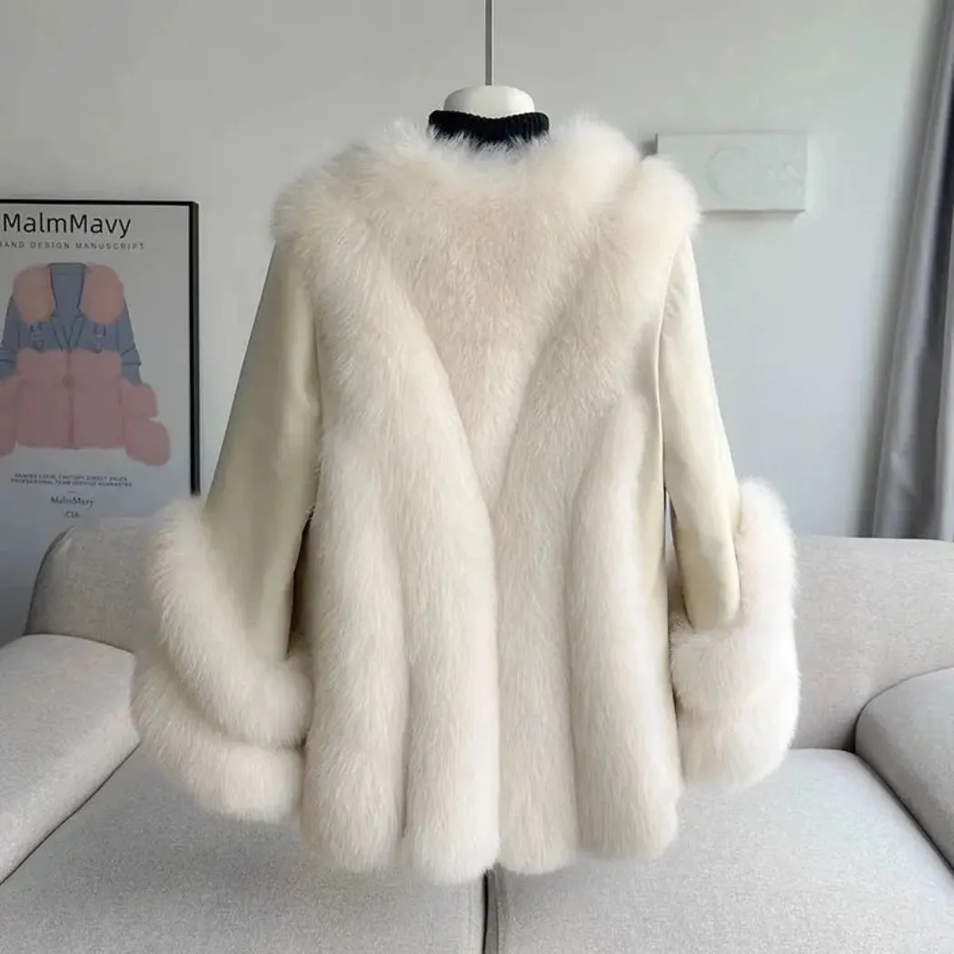 Luxury Women's Fox Fur Leather Coat