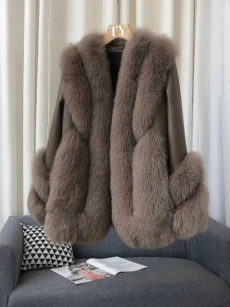 Luxury Women's Fox Fur Leather Coat