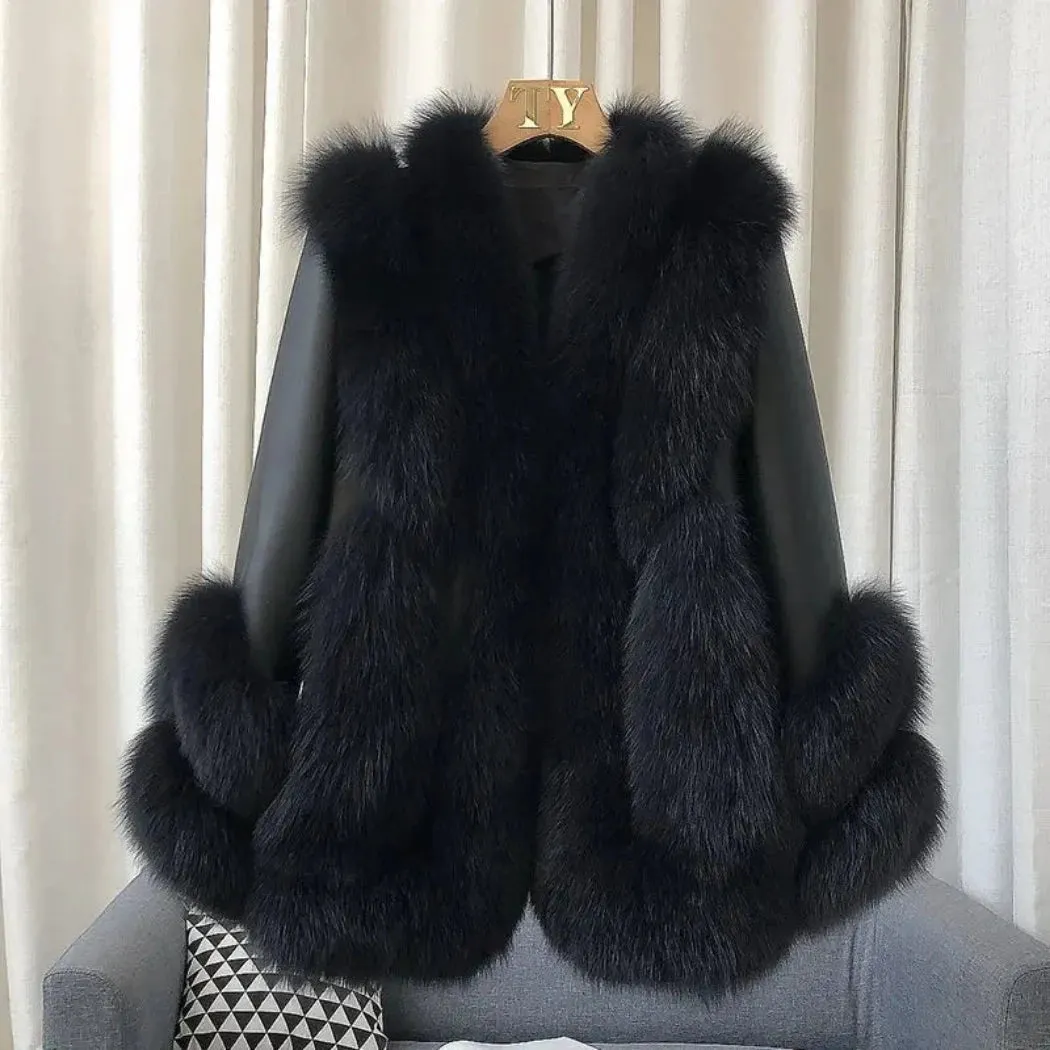 Luxury Women's Fox Fur Leather Coat