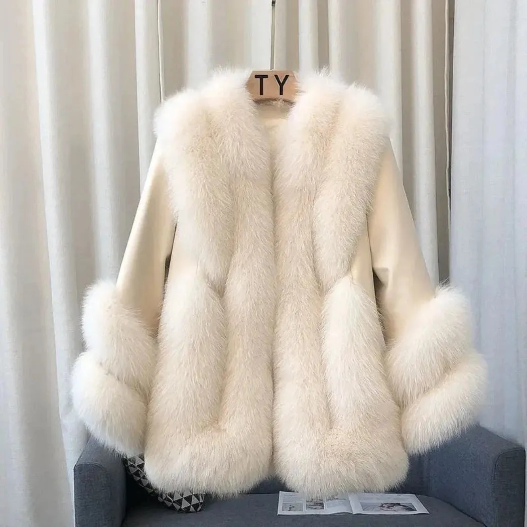 Luxury Women's Fox Fur Leather Coat