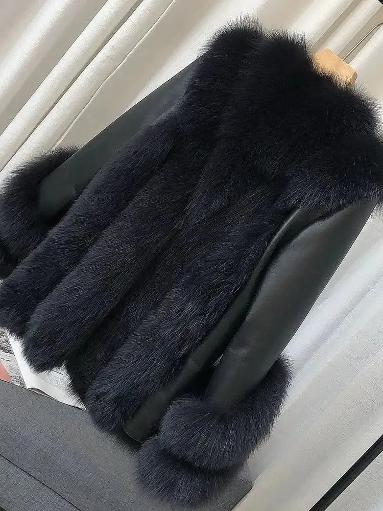 Luxury Women's Fox Fur Leather Coat