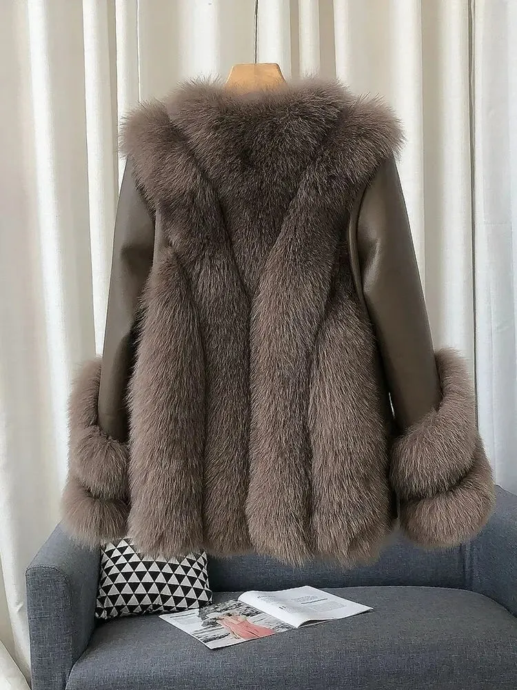 Luxury Women's Fox Fur Leather Coat