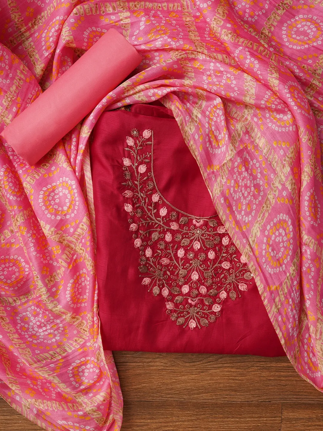 Magenta Zari Embroidered Pure Cotton Dress Material with Dupatta