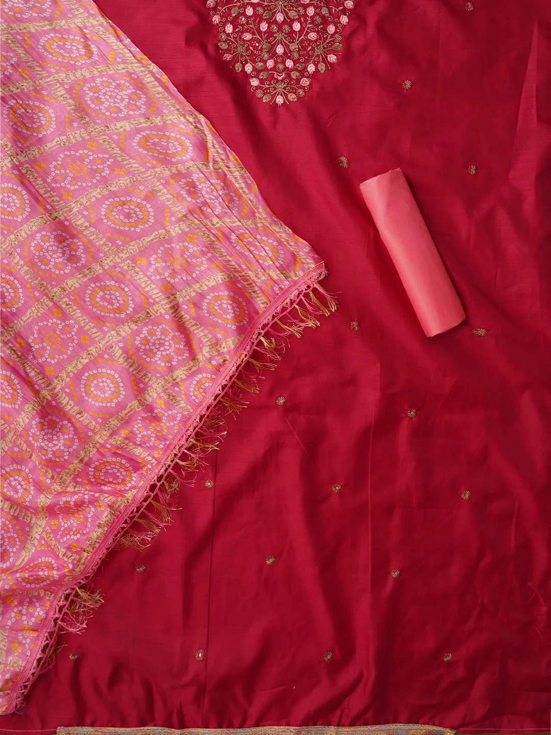 Magenta Zari Embroidered Pure Cotton Dress Material with Dupatta