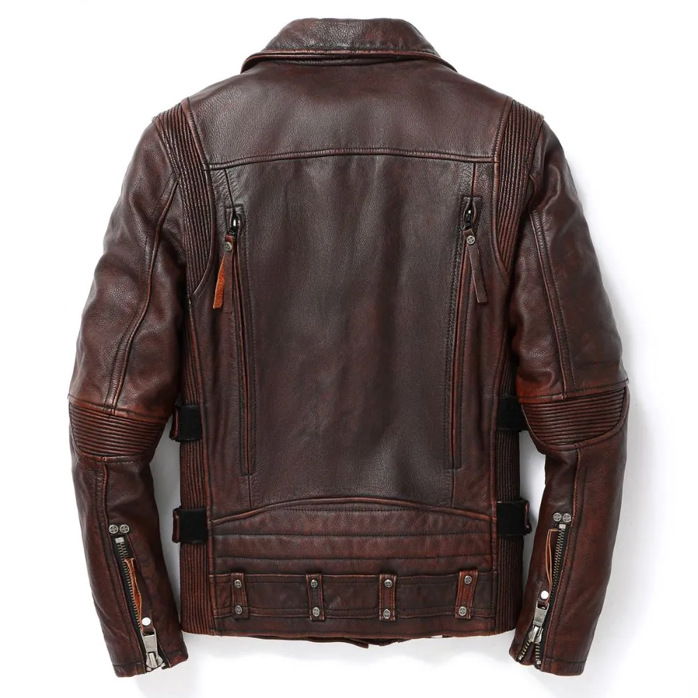 Men’s Distressed Brown Brando Moto Cowhide Genuine Leather Jacket