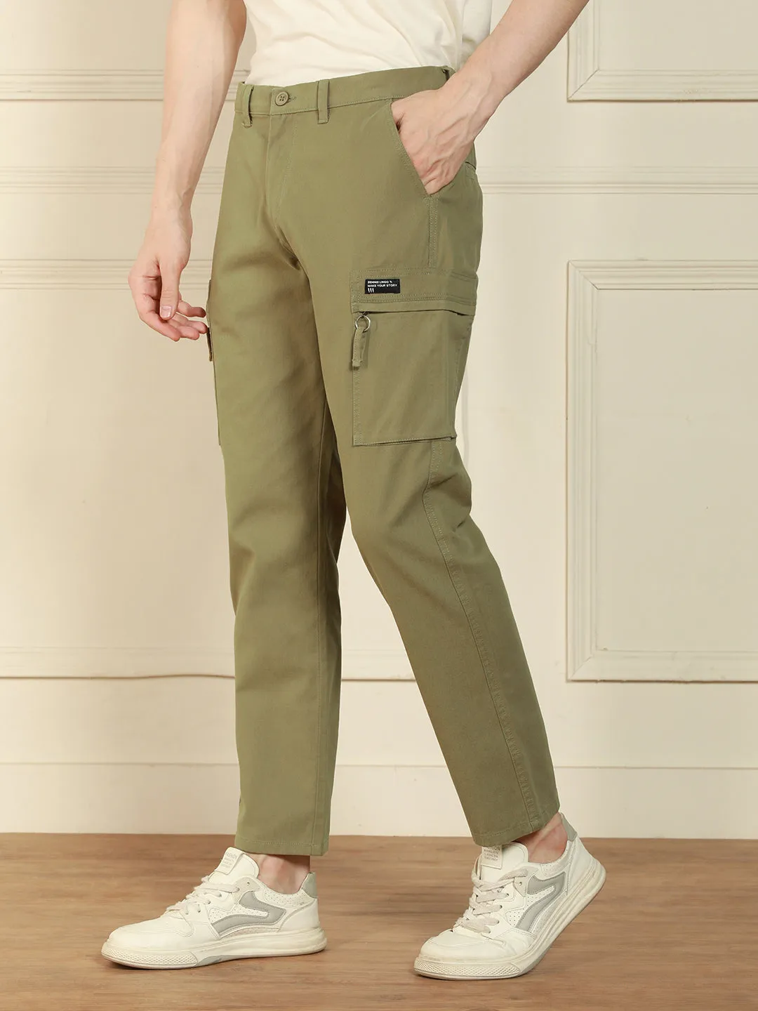 Men's Light Olive Straight Fit Solid Cotton Lycra Stretchable Trousers