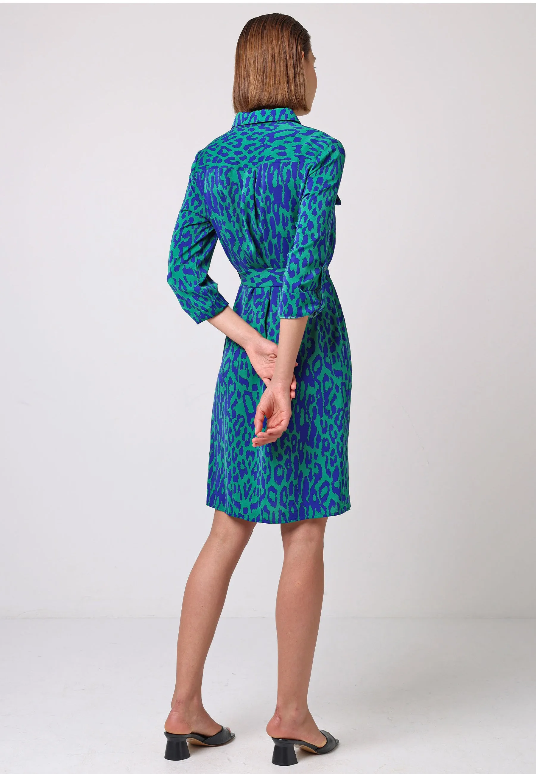 Midi Shirt Dress With Zip In Green Blue Animal Print