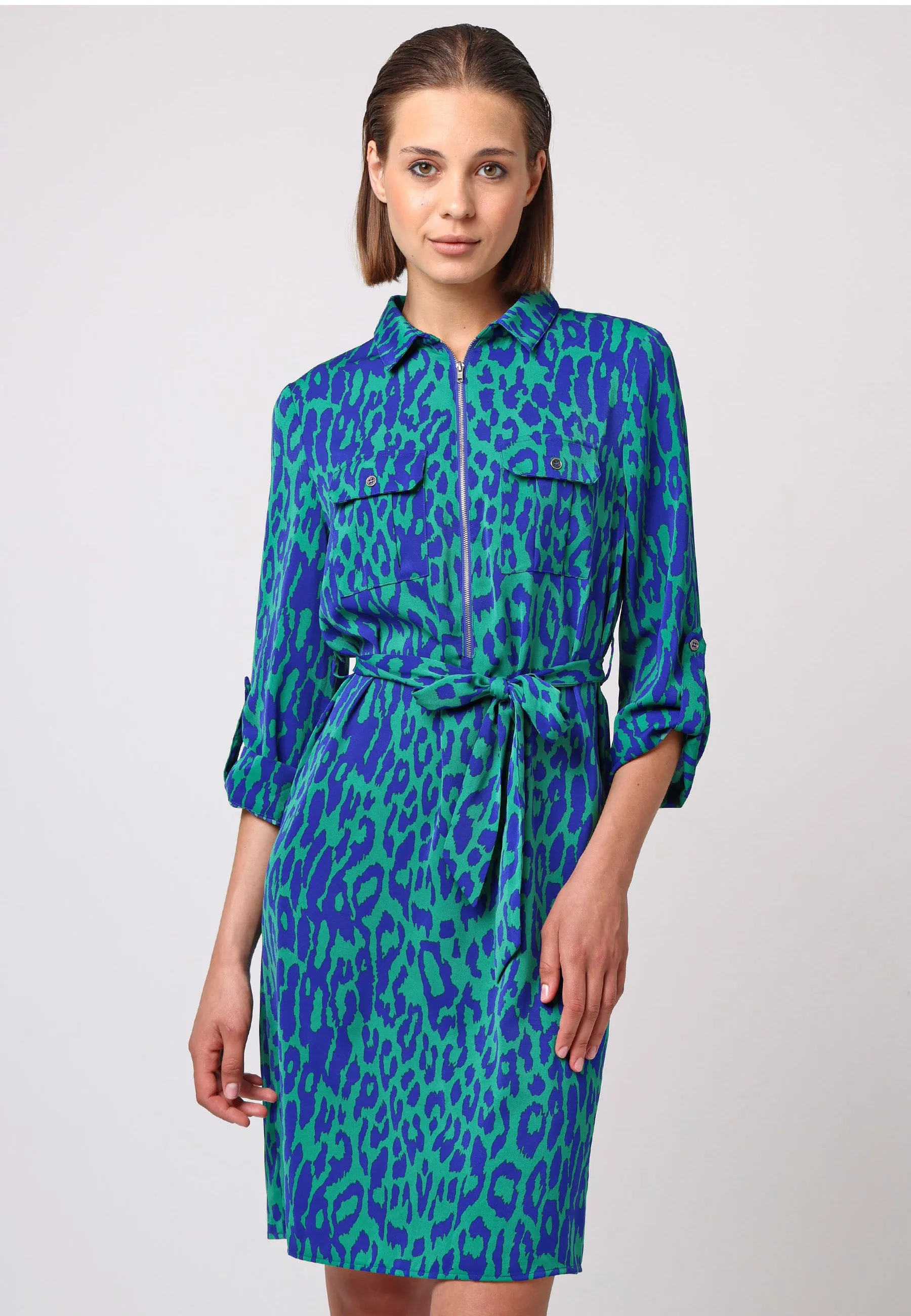 Midi Shirt Dress With Zip In Green Blue Animal Print