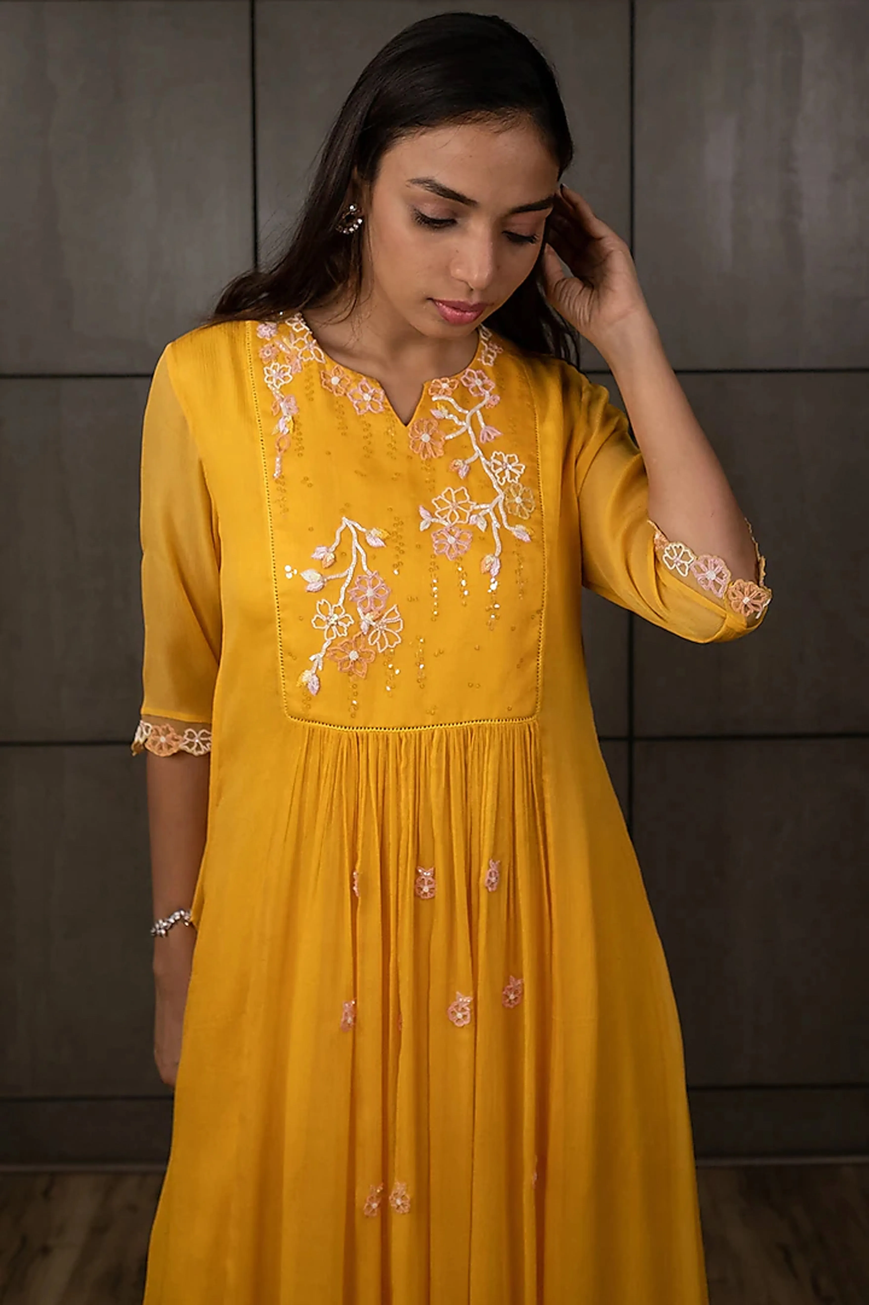 Mustard Yellow Embroidered Kurta Set