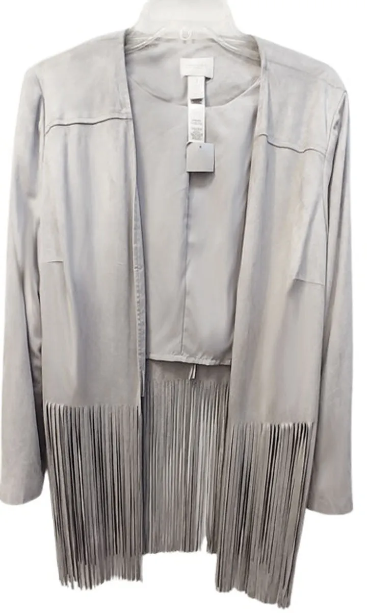 NEW WITH TAG - CHICO'S FAUX SUEDE JACKET WITH FABULOUS 14" FRINGE IN A SILVERY DOVE GRAY - WOULD MAKE A WONDERFUL CHRISTMAS OR BIRTHDAY GIFT