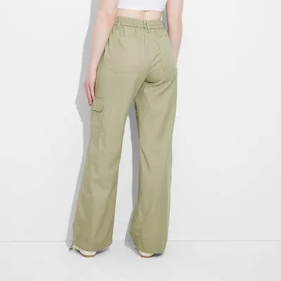 New - Women's Mid-Rise Wide Leg Cargo Beach Pants - Wild Fable Sage Green M