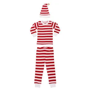 Organic Kids' L/Sleeve PJ & Cap Set- Peppermint Stripe