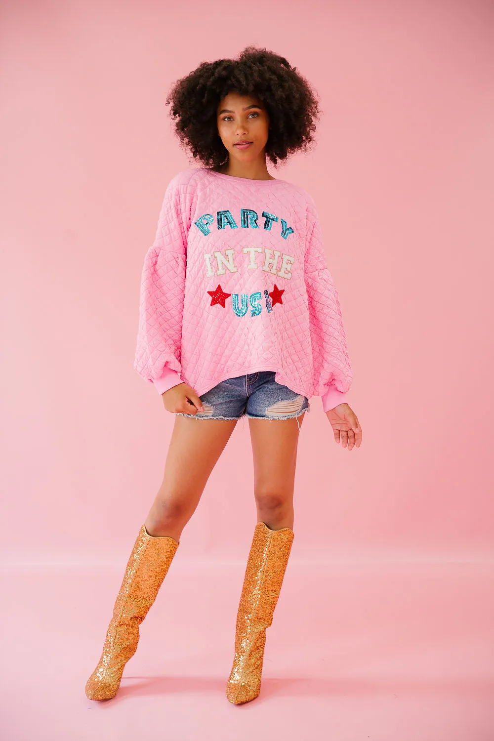 PARTY IN THE USA PINK QUILTED PULLOVER