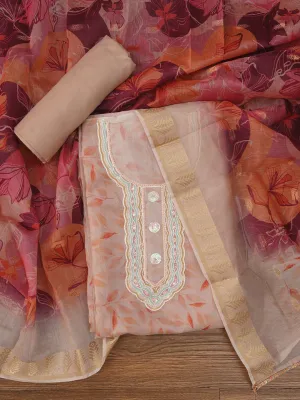 Peach Sequin Work Floral Printed Cotton Blend Dress Material with Dupatta