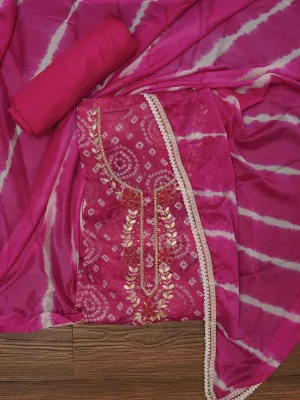 Pink Bandhani Embroidered Dress Material with Leheriya Dupatta