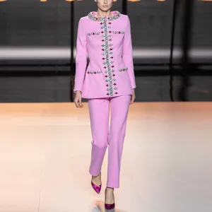 Pink Embellished Beaded Pantsuit Middle Length Coat and Pants Set