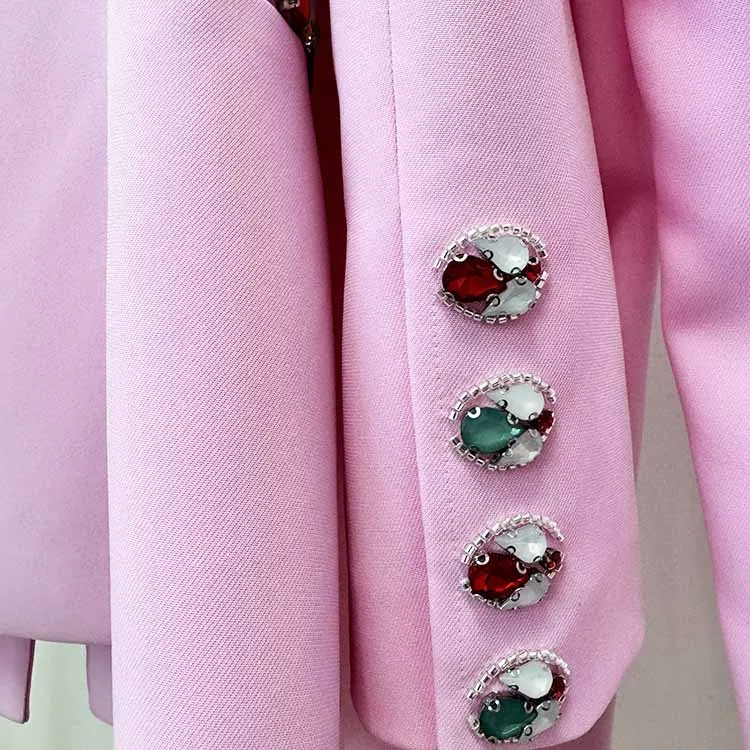 Pink Embellished Beaded Pantsuit Middle Length Coat and Pants Set