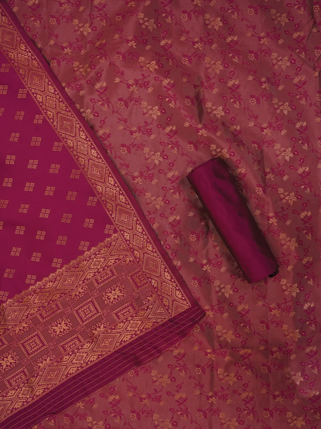 Pink Floral Silk Zari Woven Dress Material with Dupatta