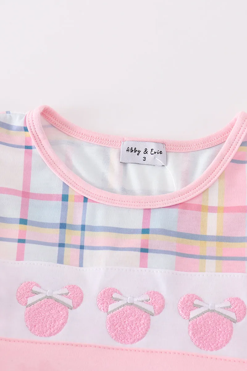 Pink plaid character embroidery girl set